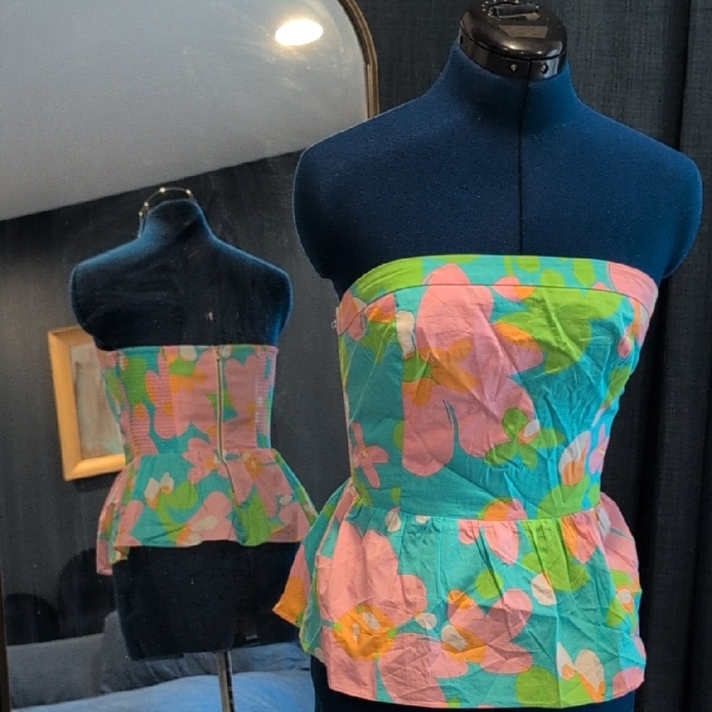 Strapless Peplum Floral Top in Pastel Multicolor